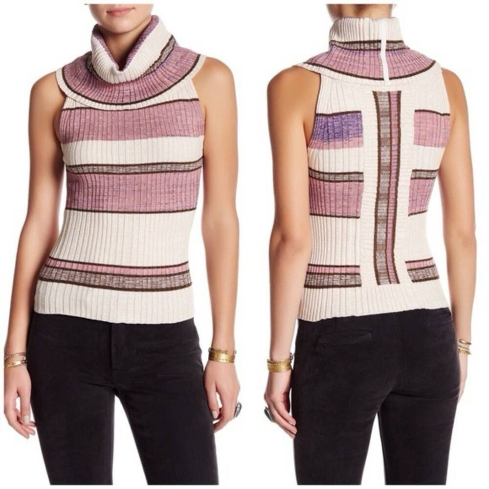 Free People Carly Rib-Knit Sleeveless Cowl Neck Striped Sweater Top XS